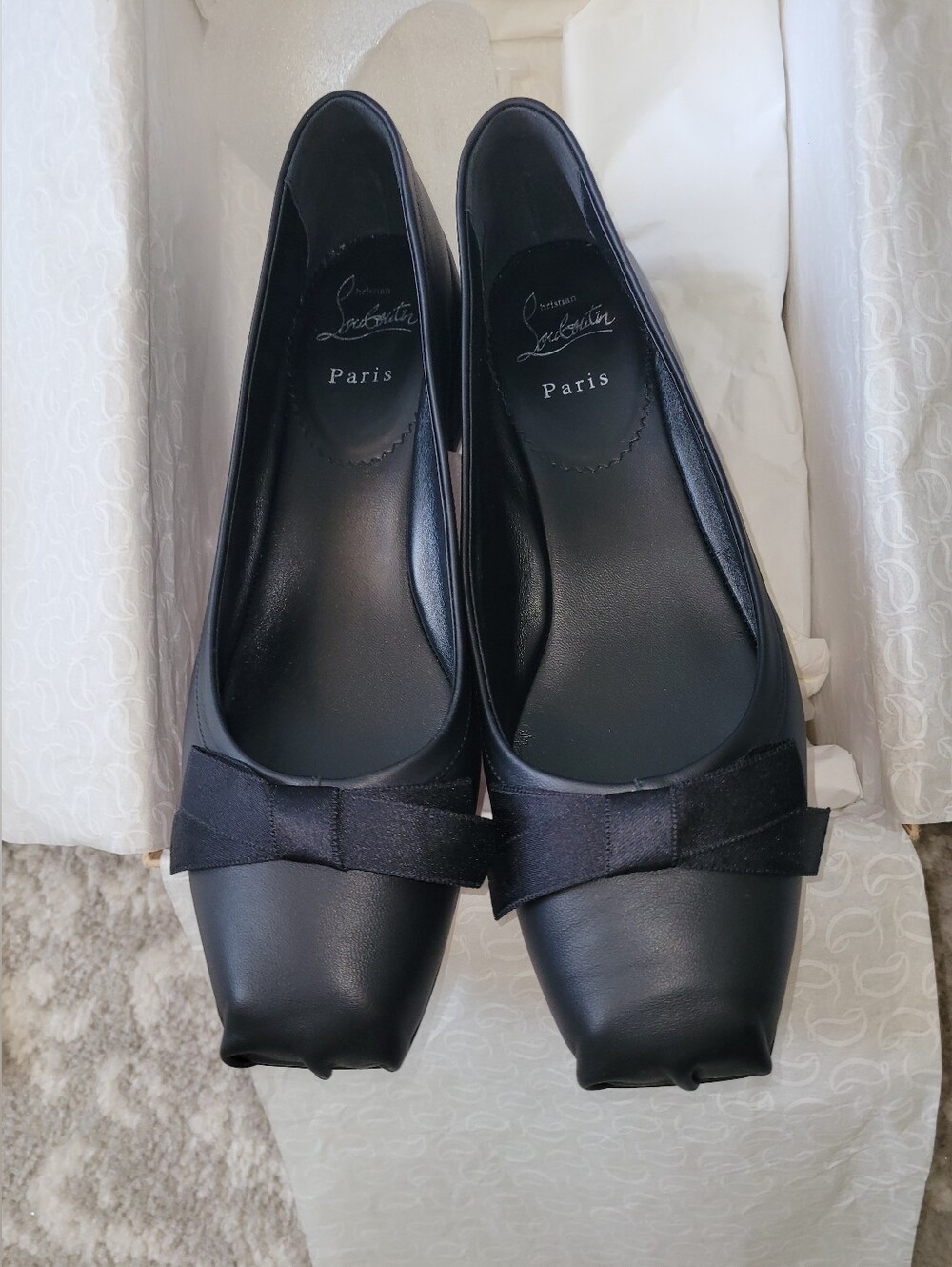 NIB Christian Louboutin Mamaflirt Black Leather Ballet Pumps with Bow 30 Size 39